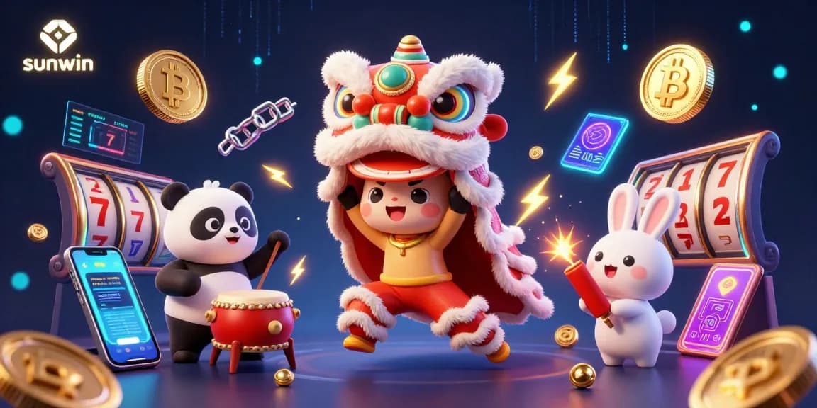 Join the sunwin casino excitement with vibrant characters and crypto-themed elements in a rich 3D scene.