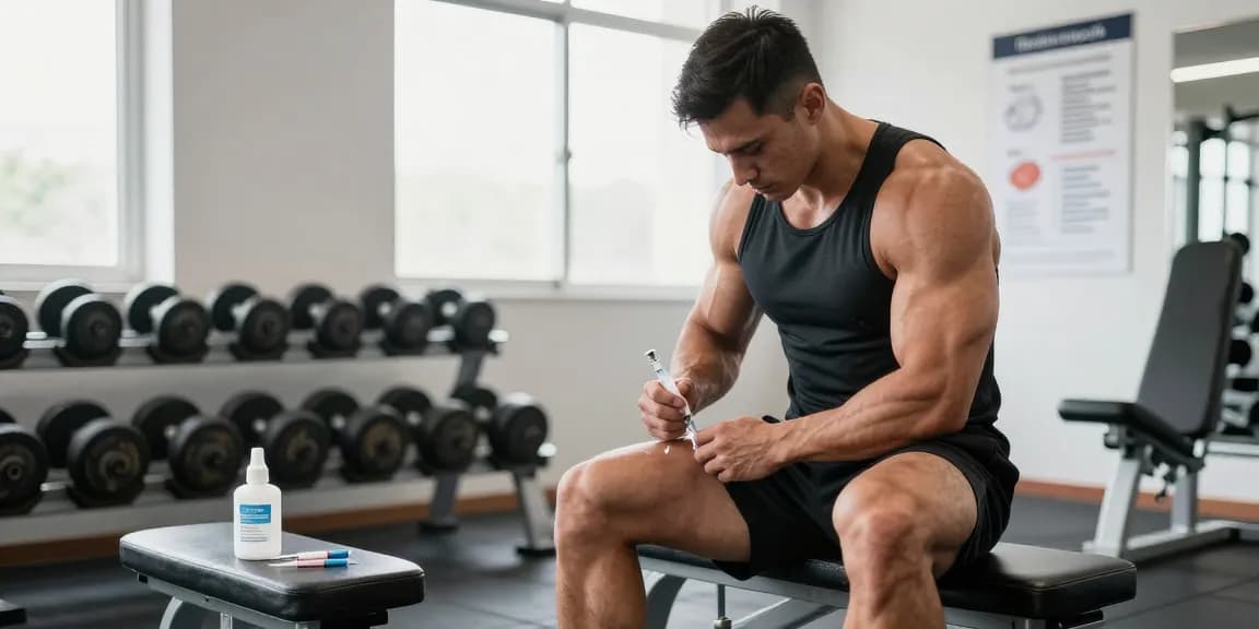 Anabolika Shop action shot of bodybuilder safely injecting steroids in gym