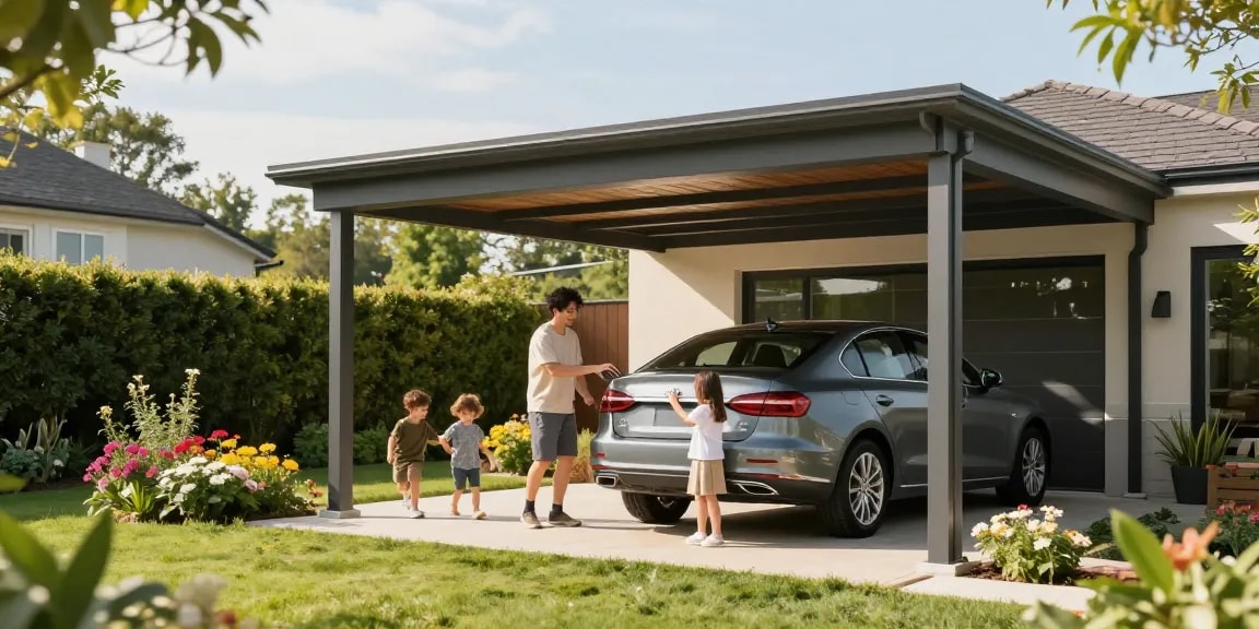 Moderner Carport in einem schönen Garten, das Auto wird sicher untergebracht.