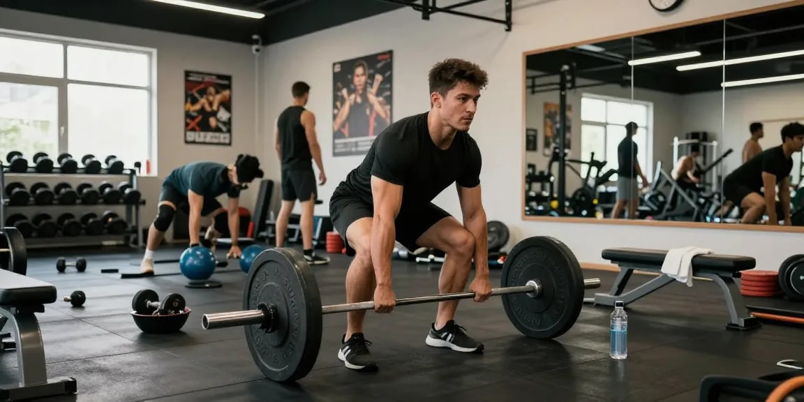 Ein athletischer Mann, der in einem modernen Fitnessstudio Gewichte hebt und die Qualität des Anabolika Shop Erlebnisses widerspiegelt.