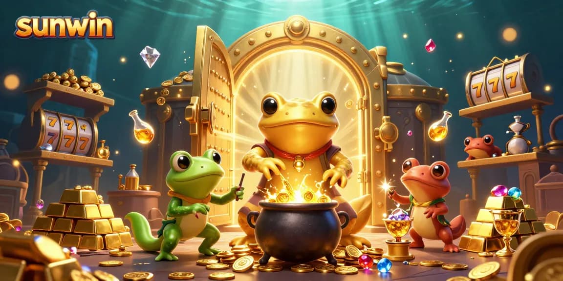 Experience winning moments at sunwin with a 3D illustration of a golden alchemist transforming treasures.