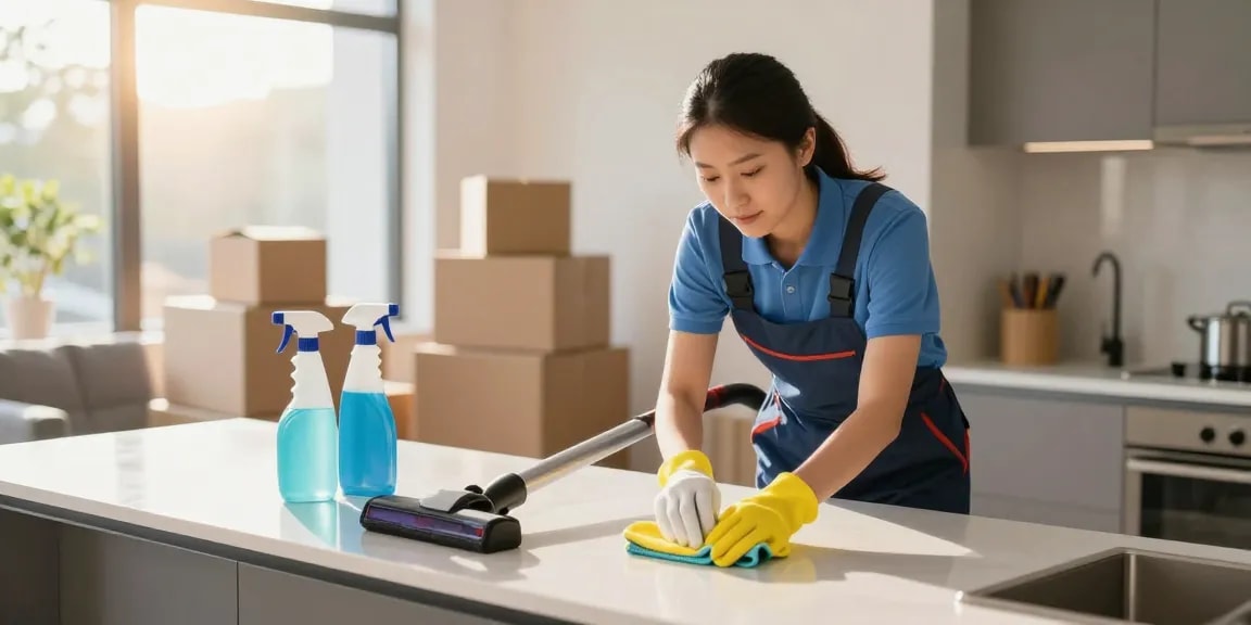 Umzugsreinigungen Bern professional cleaner preparing a home for moving out with thorough cleaning in a bright living room.