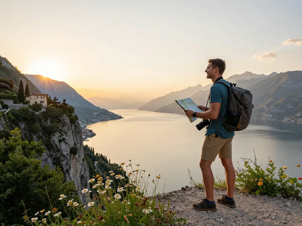 Reisetipps Gardasee - Reisender am malerischen Gardasee während des Sonnenuntergangs, der die atemberaubenden Aussichten erkundet.