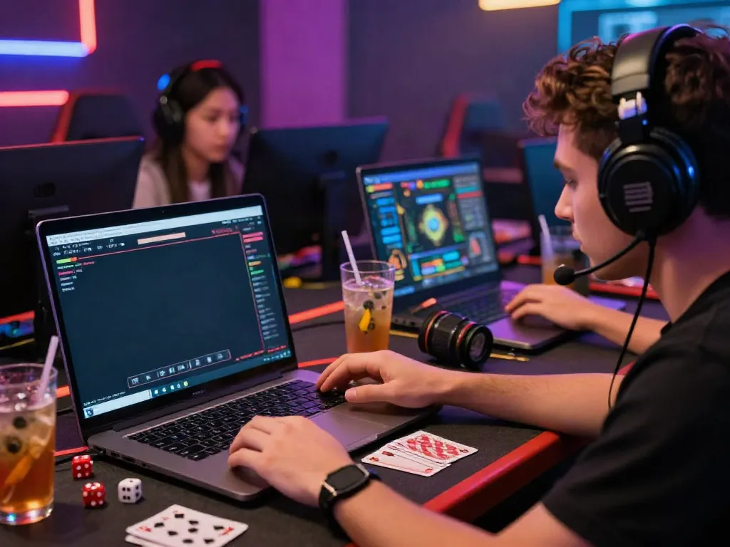 Engaging online gaming experience featuring a player immersed in sv88 mới nhất virtual casino, with bright neon lighting and gaming elements.