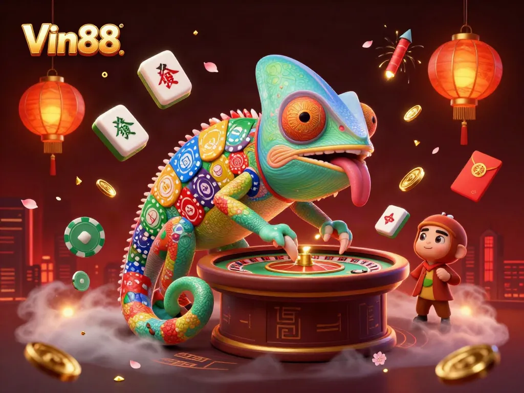 Engage with Vin88's vibrant 3D casino scene featuring a chameleon owner and lively gaming elements.
