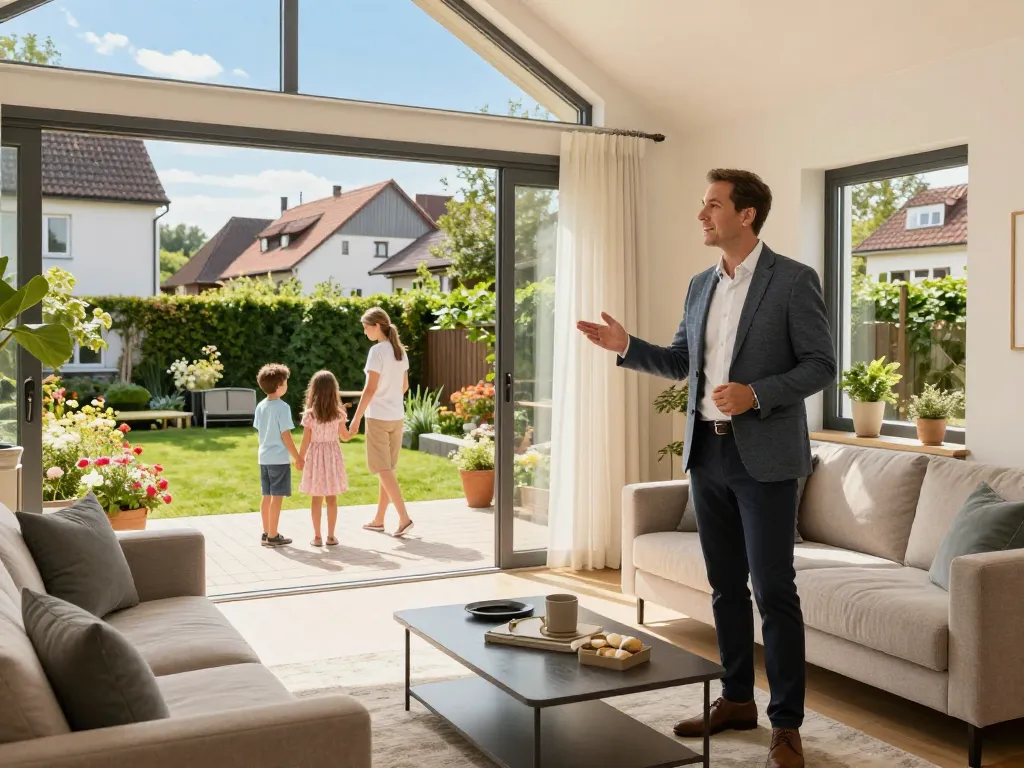 Immobilienmakler Frankfurt Preungesheim präsentiert ein familienfreundliches Zuhause potenziellen Käufern in einem lebhaften Viertel.