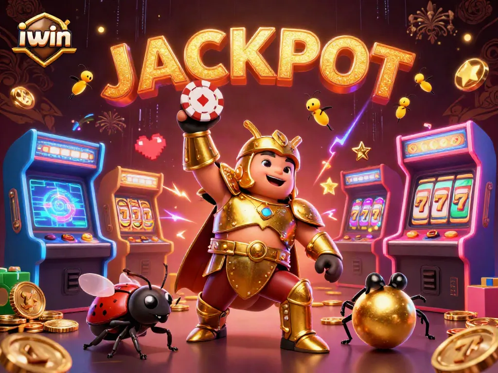 Experience the excitement of iwin with a dynamic illustration of a courageous beetle hero and vivid casino elements.