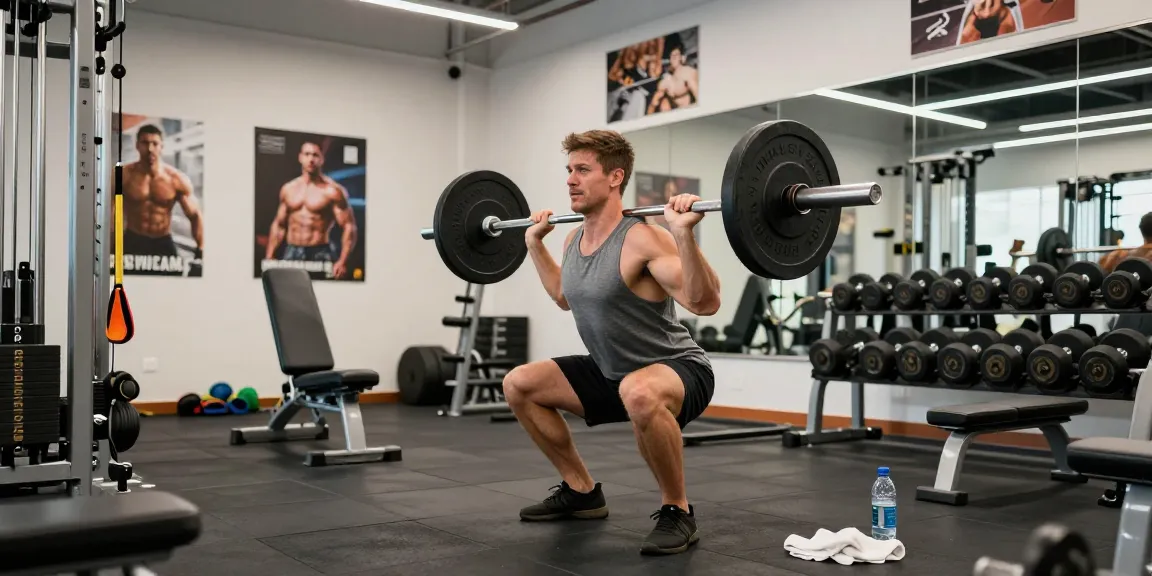 Anabolika Shop: Fitter Athlet trainiert hart während des Kniebeugen mit Langhantel im modernen Fitnessstudio.