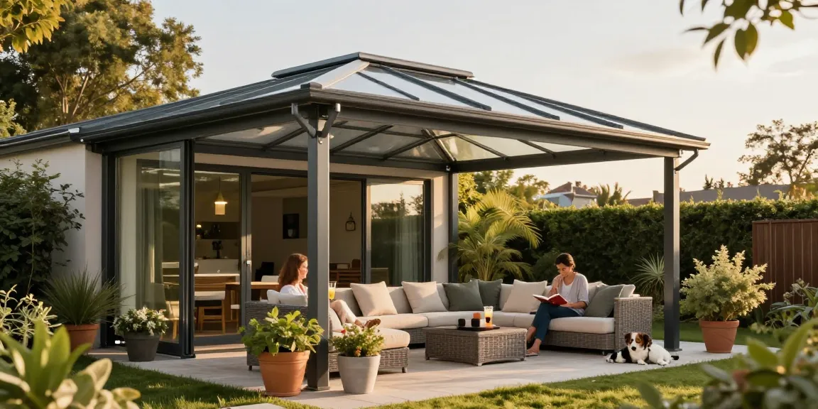 Moderne Terrassenüberdachungen in einem Garten mit entspannendem Paar und Pflanzen.