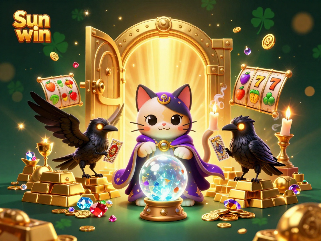 Spin to win with Sun win in an enchanting casino scene featuring magical characters and vibrant slot elements.