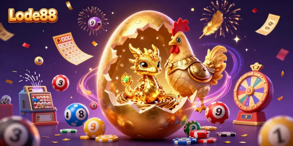 Lode88 offers a vibrant casino experience with a baby dragon and golden elements in a festive scene.