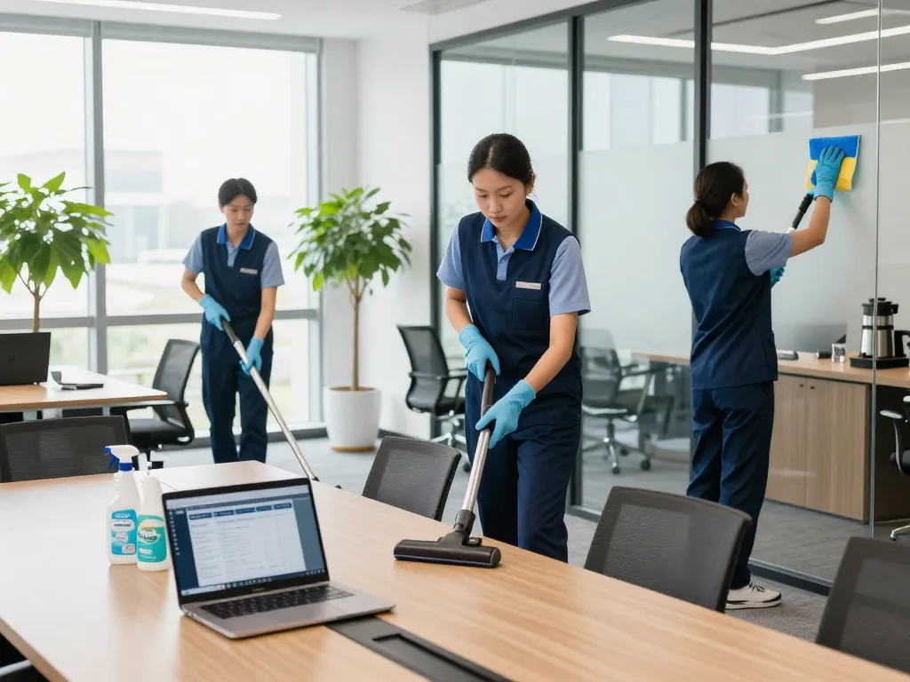 Professionelle Gebäudereinigung für Unternehmen in Rheine durch ein engagiertes Team in einer modernen Büroumgebung.