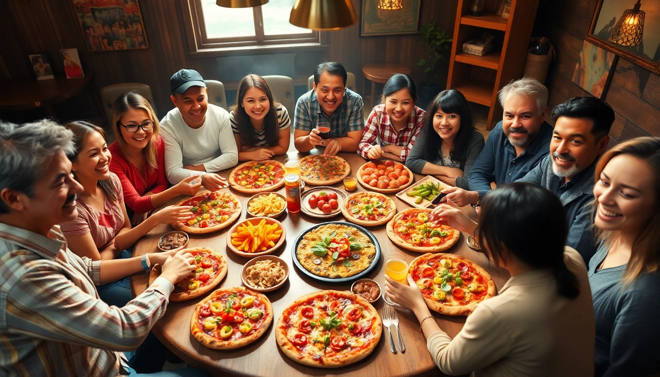 Genießen Sie Pizzanap mit Freunden bei einem festlichen Treffen voller Farben und Geschmack.