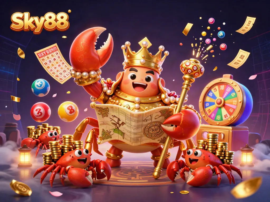 Experience thrilling wins at Sky88 with a vibrant casino scene featuring animated characters and elements.