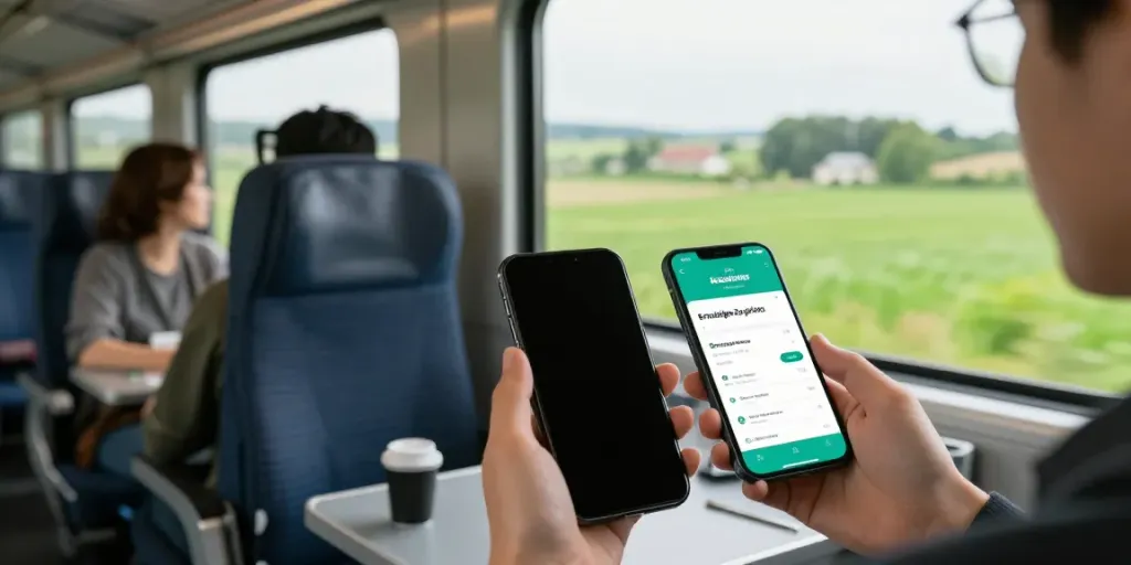 Reisende genießen ermäßigte Zugtickets auf einer landschaftlich reizvollen Zugfahrt.