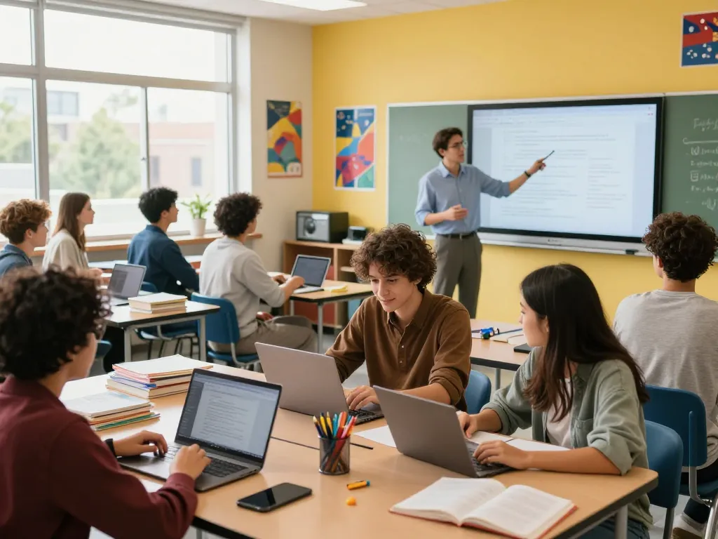 Schüler, die Hausaufgaben-Löser online in einem modernen Klassenzimmer verwenden