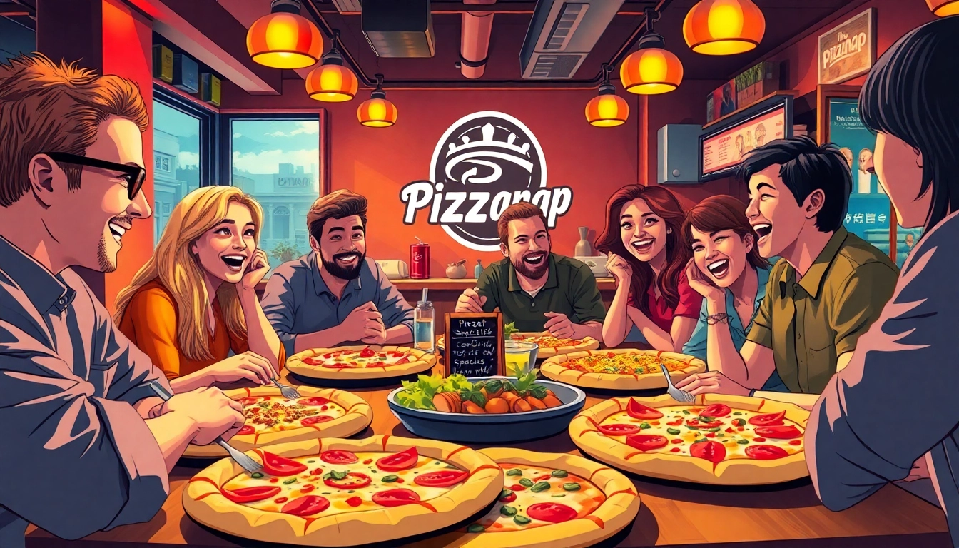 Pizzanap dishes enjoyed by friends in a vibrant pizzeria setting with colorful toppings.
