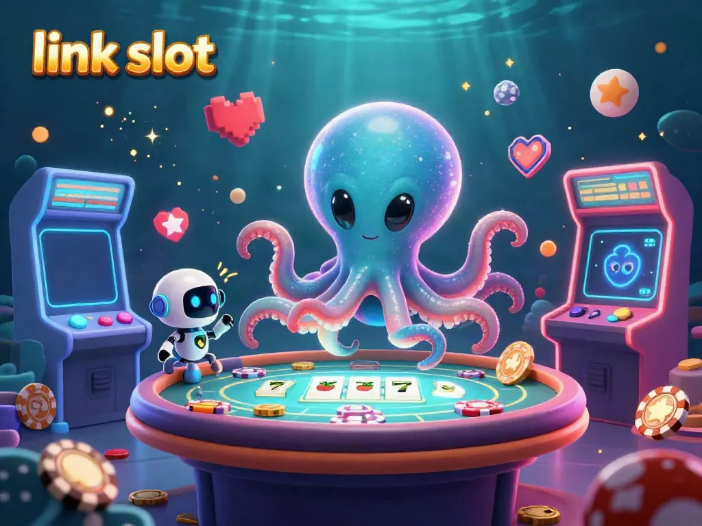 Experience thrilling gameplay with link slot, where an alien octopus operates a holographic poker table amidst colorful game elements.