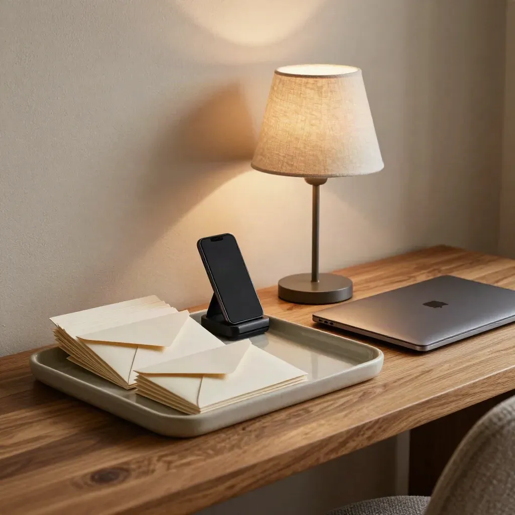 Warmer Kontaktbereich am Schreibtisch mit Briefstapel, Dock, Laptop und Lampe