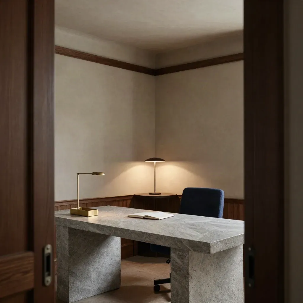 Elegante Beraterecke mit Steintisch, Lampe und leerem Stuhl in dramatischem Licht.