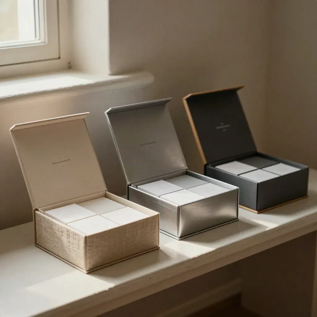 Drei geöffnete Angebotsboxen auf heller Bank in warmem Licht, sachlich und elegant.