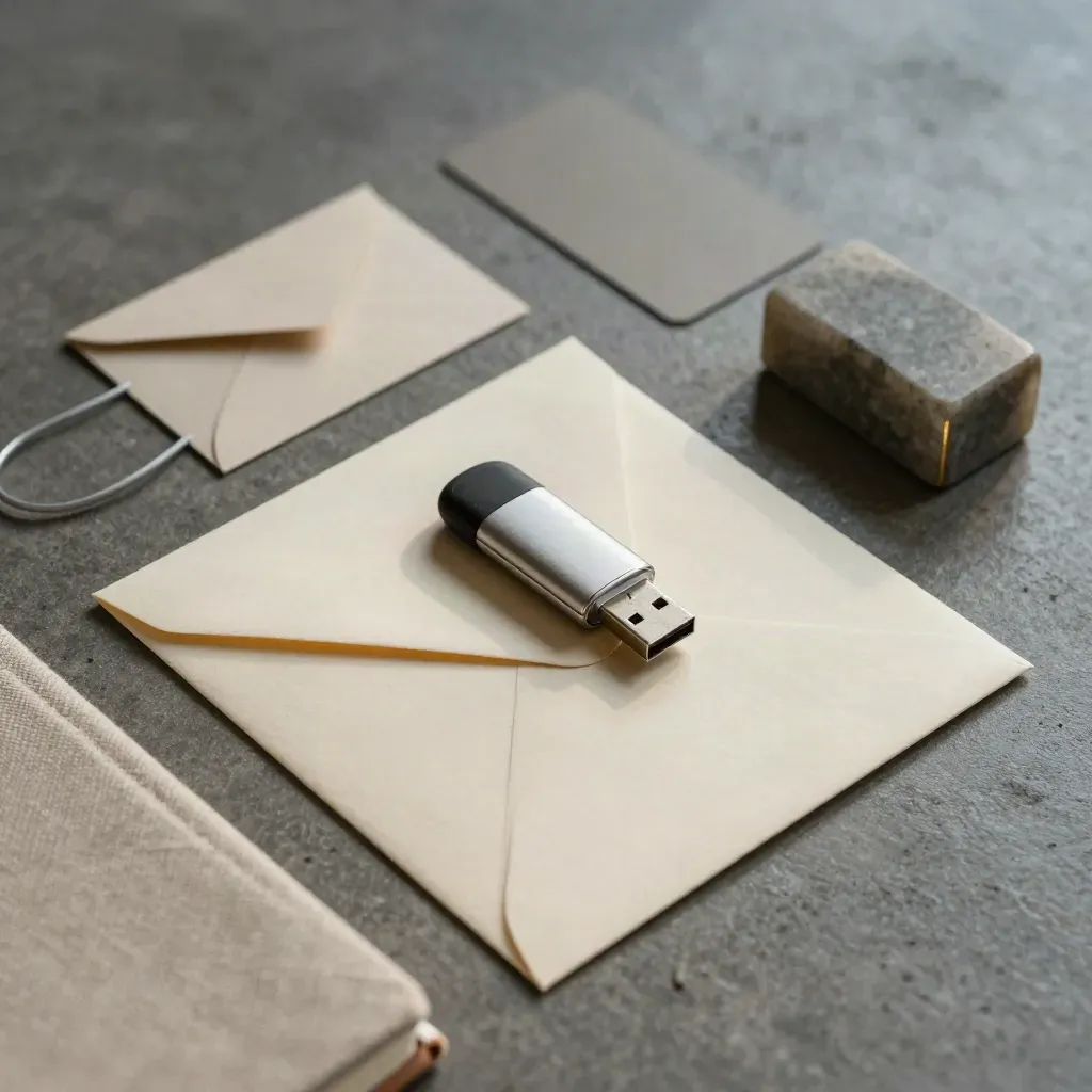 USB-Stick, Kabelbinder, Ordner, Notizbuch und Papiergewicht auf Beton