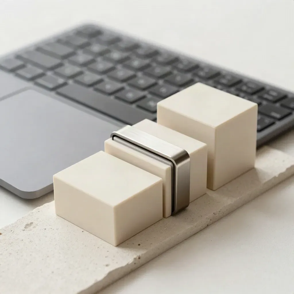 Keyboard, Trackpad und Kartenblöcke auf hellem Putz mit Metallspacer