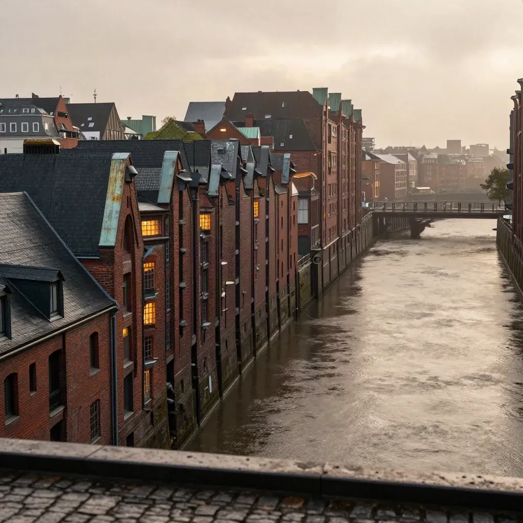 Hamburger Hafen mit Backsteinlagern, nassem Kai und ruhigem Wasser im Dunst