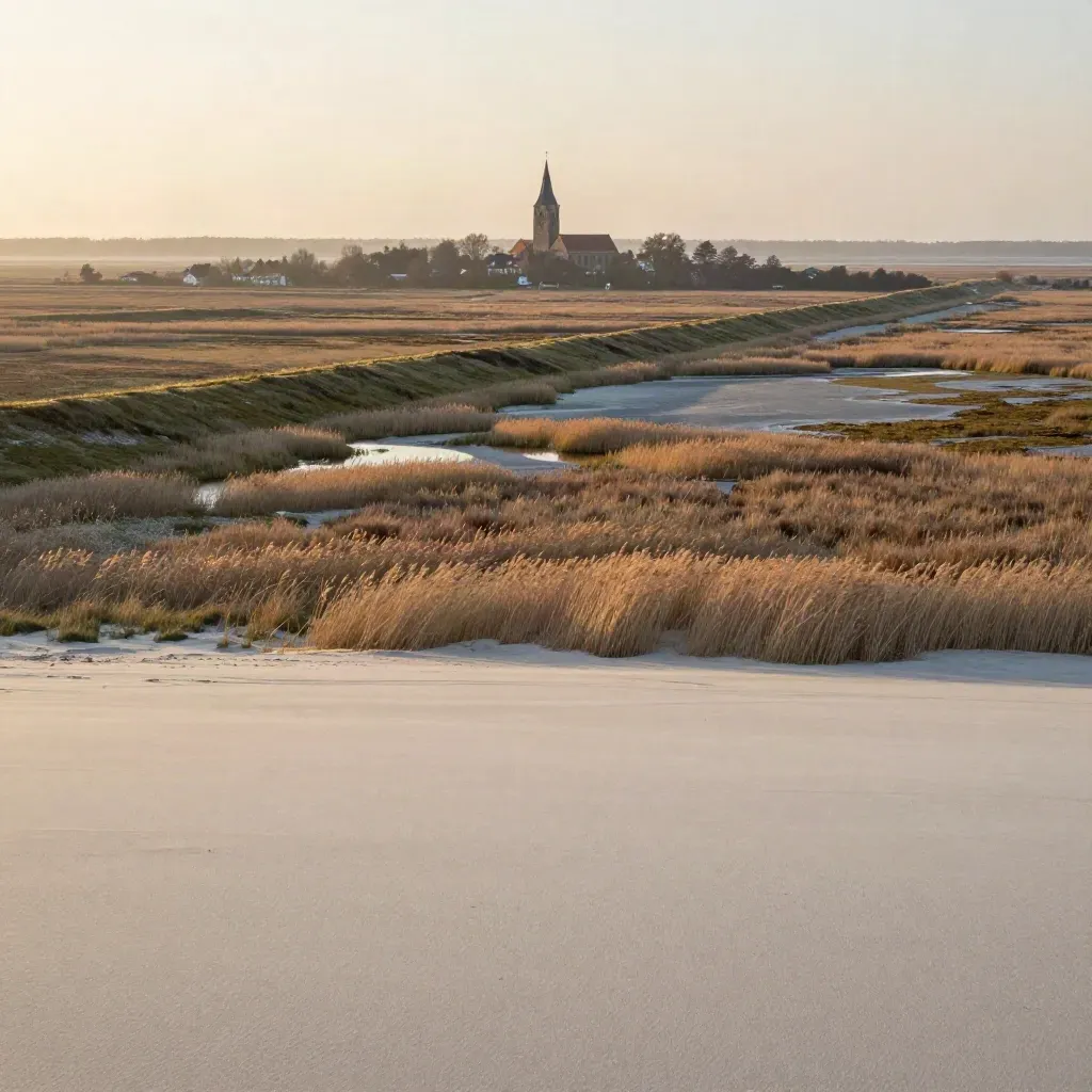 Schleswig-Holstein: Deich, Marsch und Kirchturm im goldenen Abendlicht.