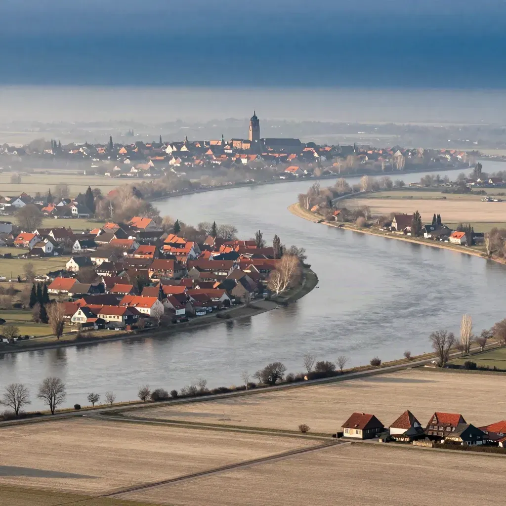 Weite deutsche Flusslandschaft mit Dörfern, Feldern und Morgennebel für einen Website-Header.