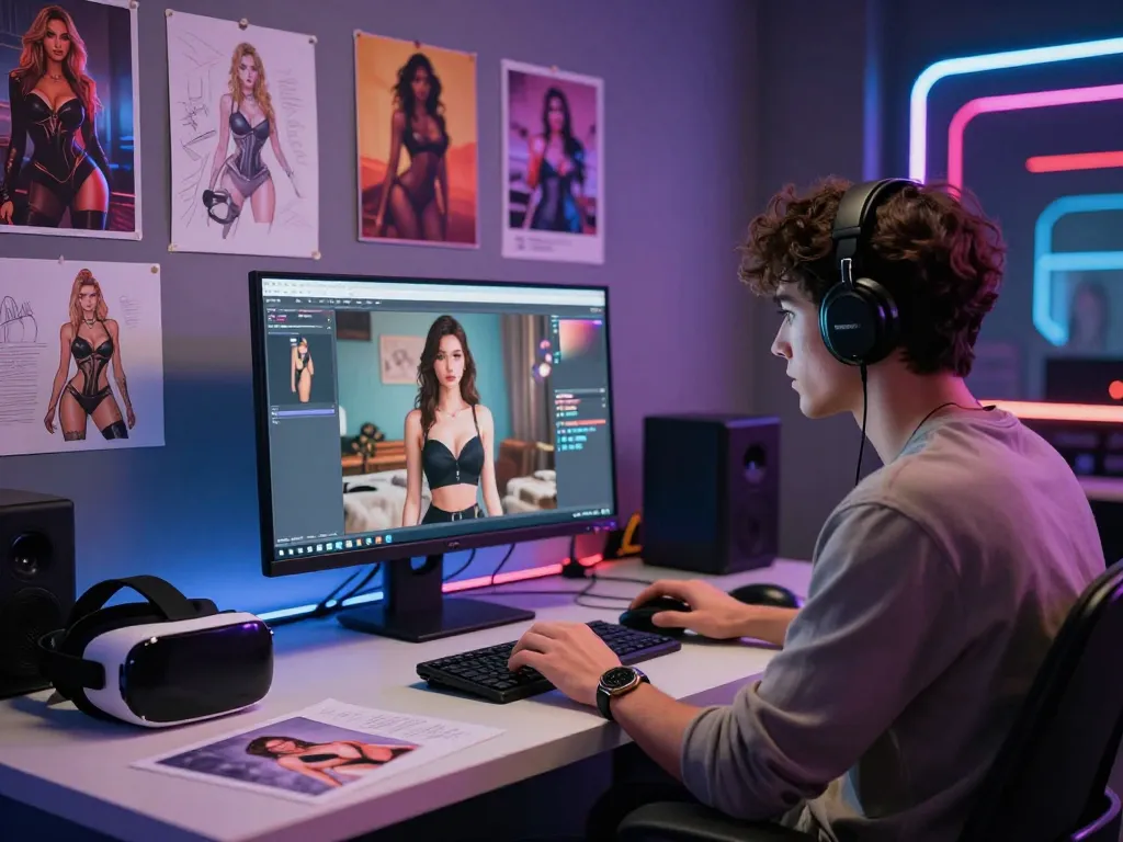 AI porn studio with a digital artist creating hyper-realistic adult content, showcasing innovative technology.