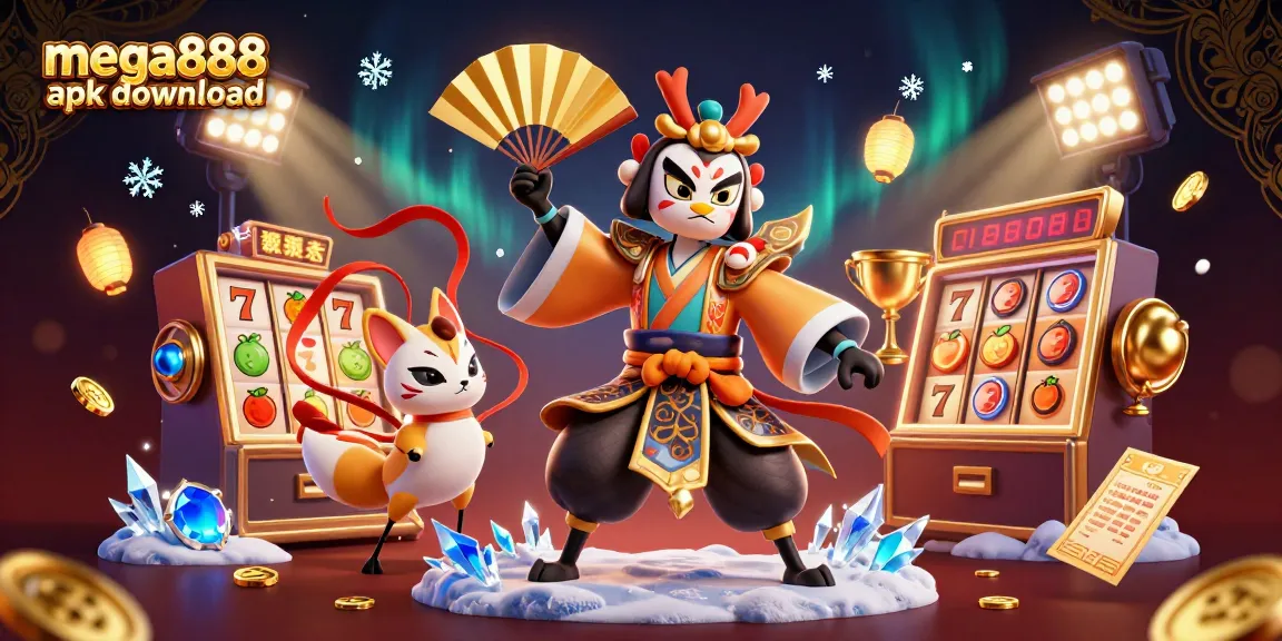 Experience Mega888 apk download effortlessly with this vibrant 3D illustration showcasing engaging slot machine action.