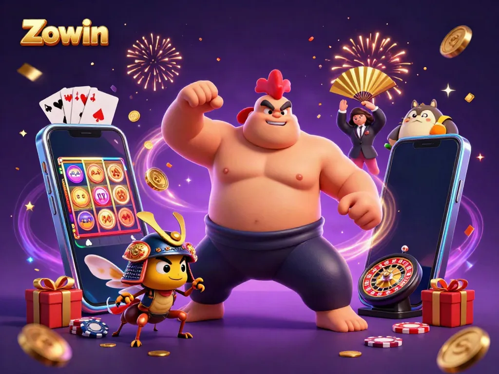 Zowin champions celebrate in a vibrant 3D gaming illustration, showcasing casino fun.