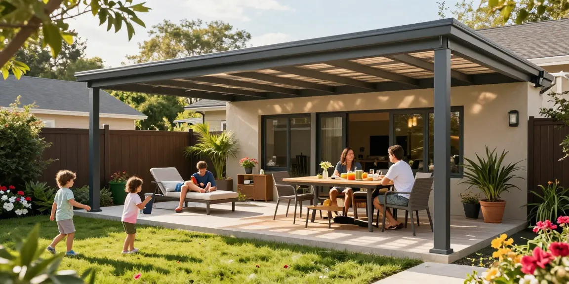 Moderne Terrassenüberdachung in einem einladenden Garten, Familie genießt einen sonnigen Nachmittag.