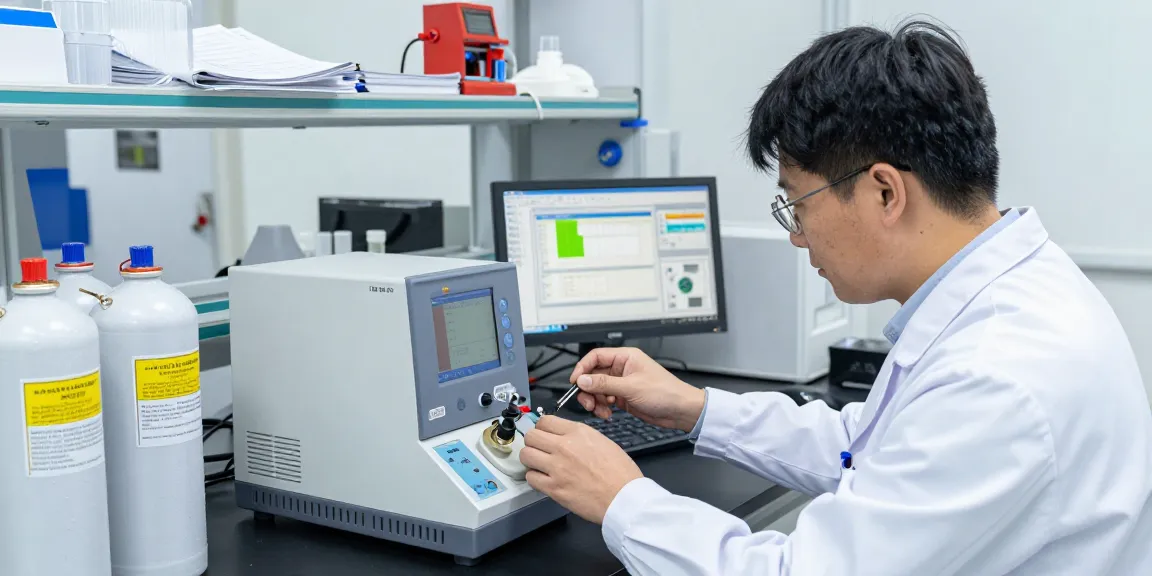 O2 Gasdetektor im Labor: Wissenschaftler kalibriert den FD-90A-O2 Gasmelder mit präzisen Messgeräten.