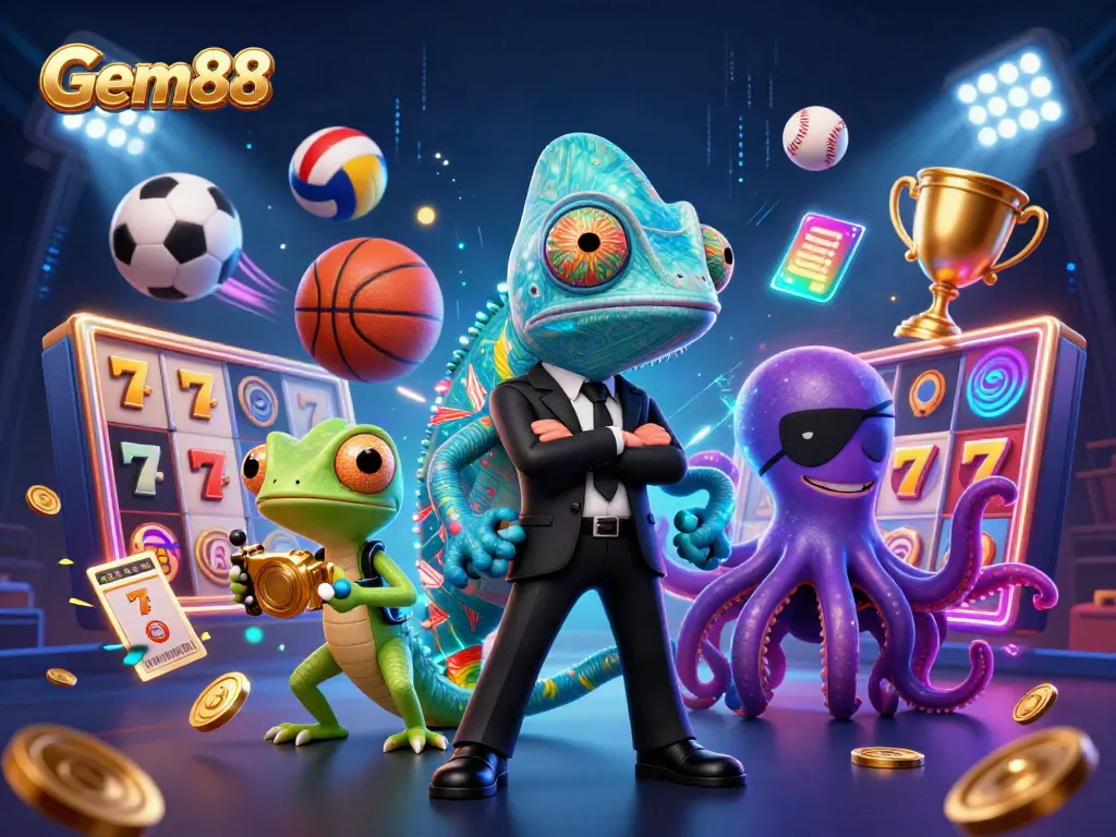 Engaging illustration of Gem88 featuring a secret agent chameleon exploring dynamic gaming elements.