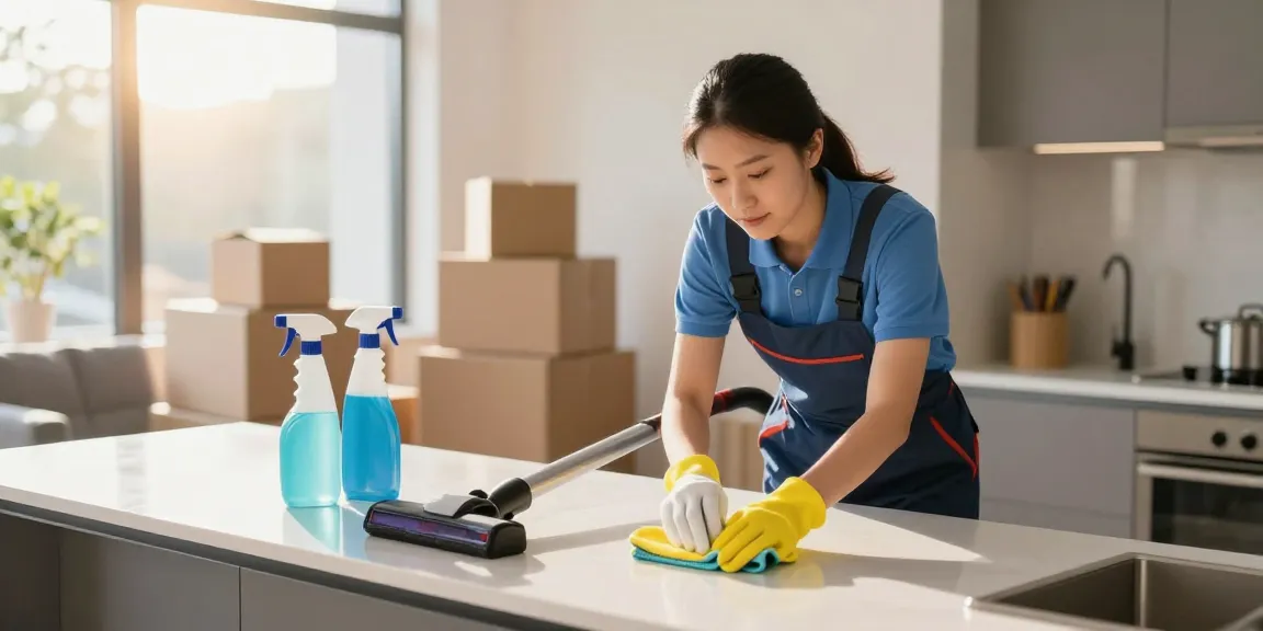 Umzugsreinigungen Bern professional cleaner preparing a home for moving out with thorough cleaning in a bright living room.