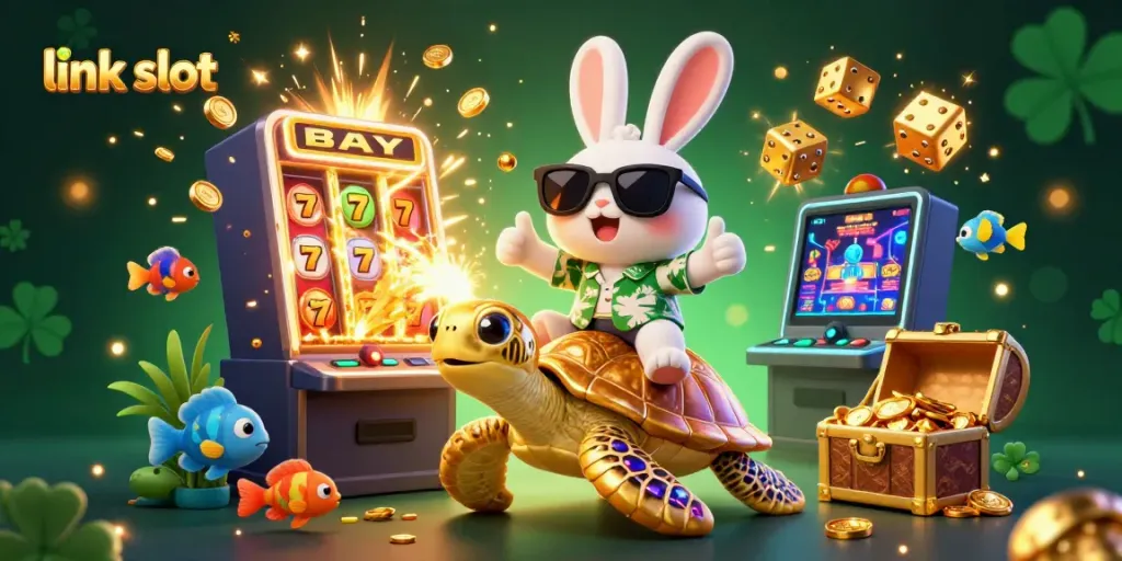 Experience winning excitement at link slot with a cheerful rabbit and golden turtle celebrating jackpots.