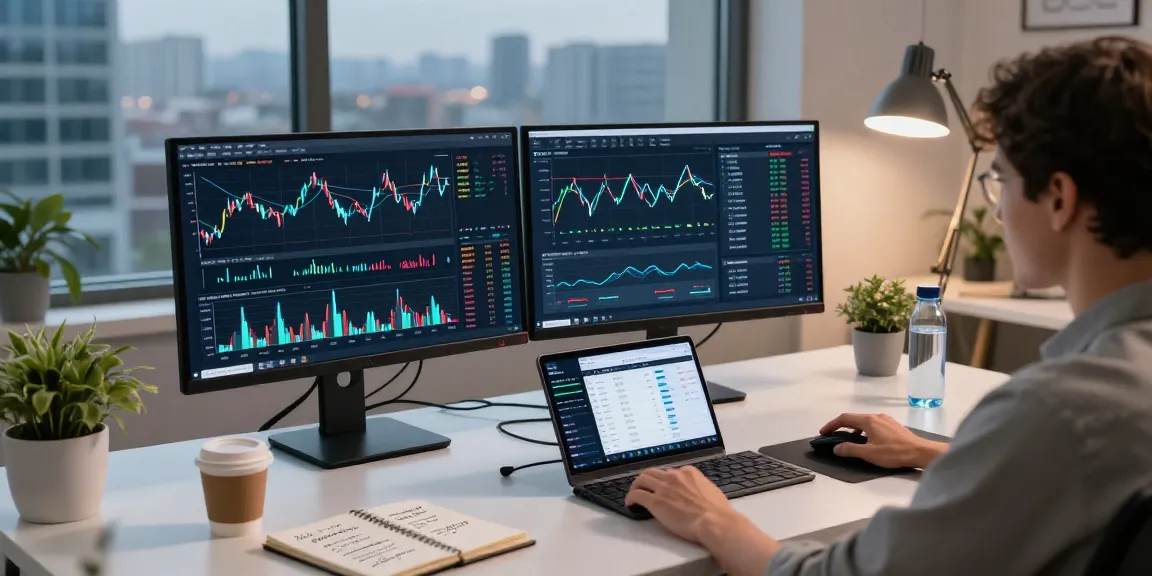 Hitpaw Edimakor im modernen Homeoffice für Krypto-Trading mit Bitcoin-Diagrammen und DeFi-Analysen.