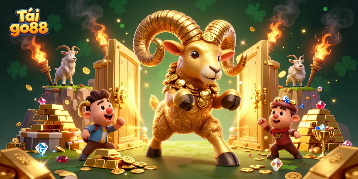 Experience excitement and fun with Tải go88, as our golden ram leads the way to riches in this vibrant casino illustration.