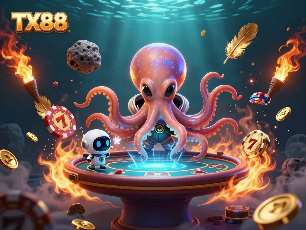 Experience the thrilling poker gameplay at TX88 with an alien octopus dealer and vibrant cosmic elements.