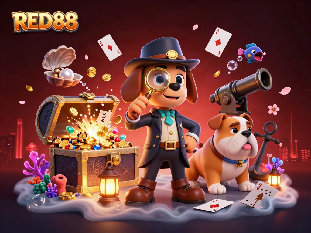 Explore the vibrant scene of RED88 with a bloodhound detective and bulldog companion uncovering poker treasures.