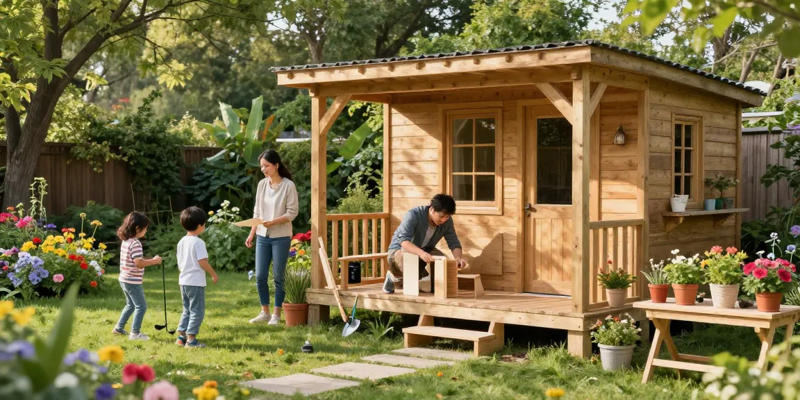 Familie beim Gartenhaus kaufen und im neuen Gartenhaus spielen mit bunten Blumen im Hintergrund.