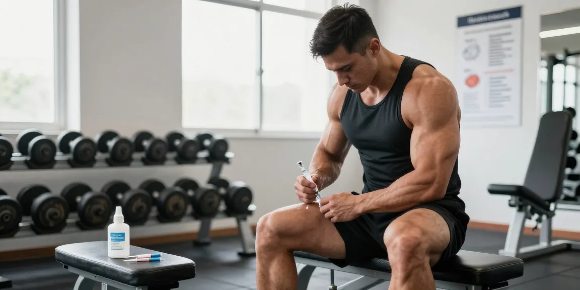Anabolika Shop action shot of bodybuilder safely injecting steroids in gym