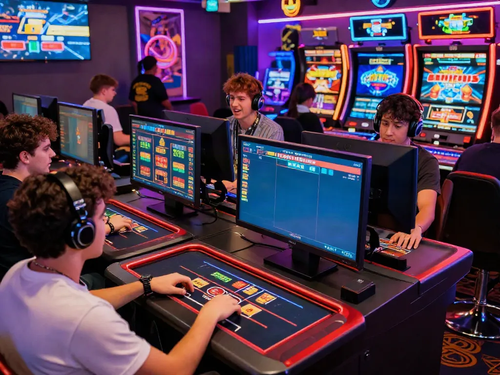 Gamers interacting at DA88's modern online casino, showcasing excitement and engagement.