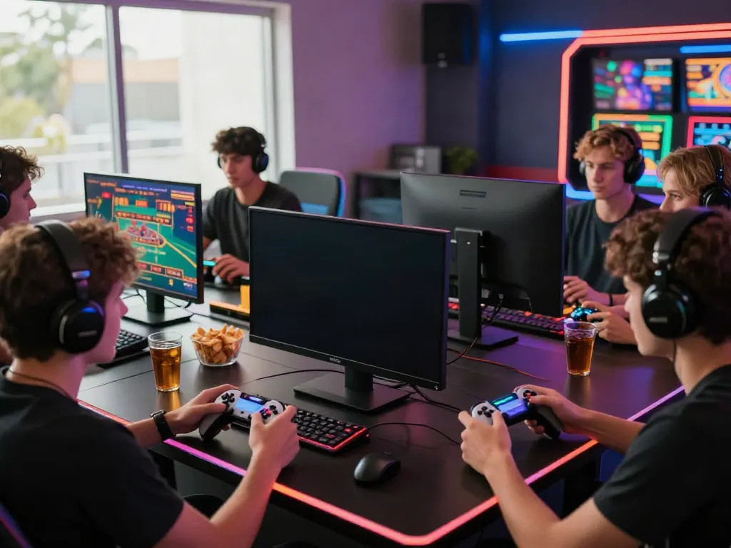 Engaged players at a vibrant online gaming setup showcasing the excitement of https://nbet.page/.