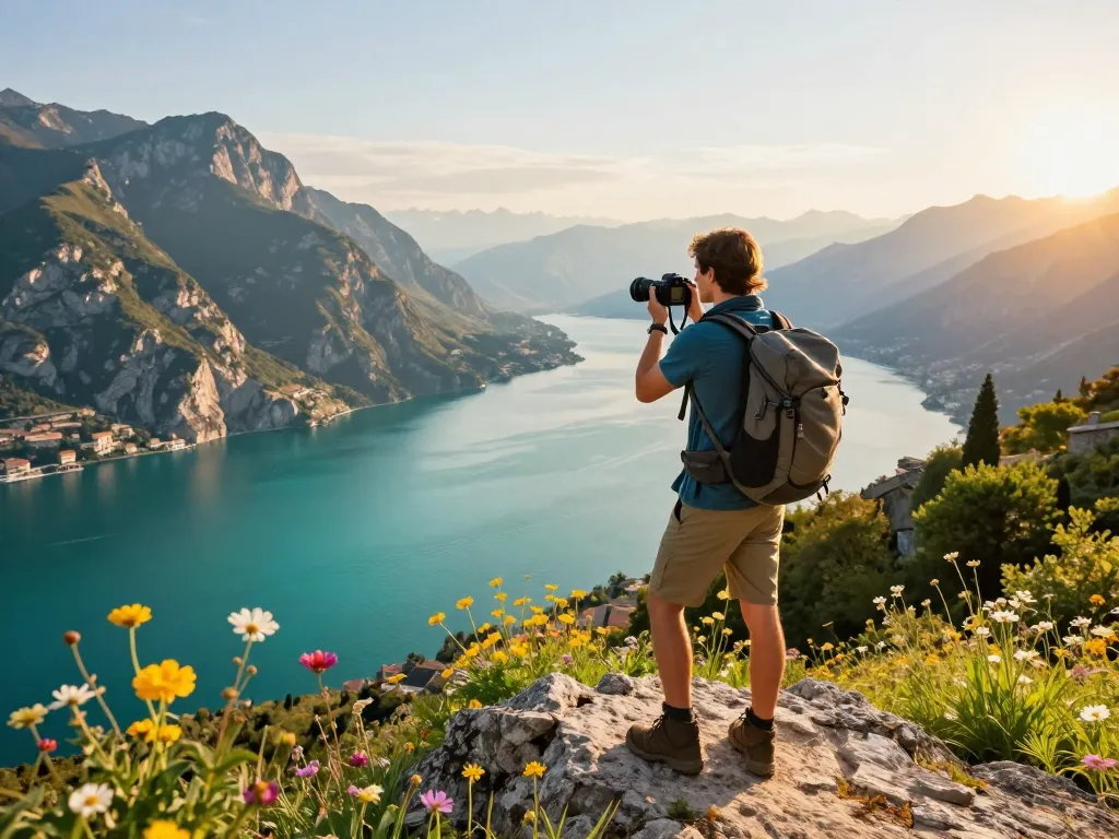 Gardasee Reisetipps: Reisender, der die malerische Aussicht am Ufer des Gardasees einfängt.