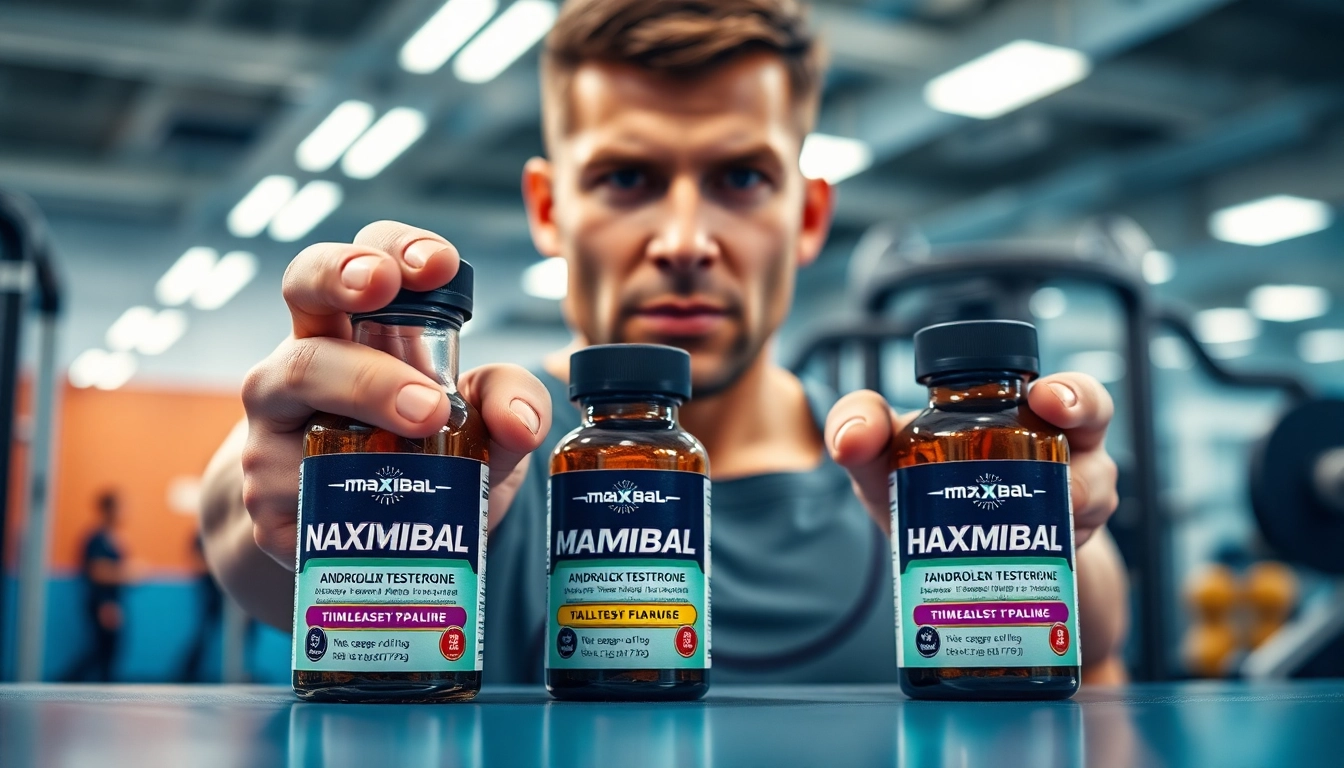 Maxibal Nandrolone Testosterone bottles showcased by a fitness trainer in a gym.