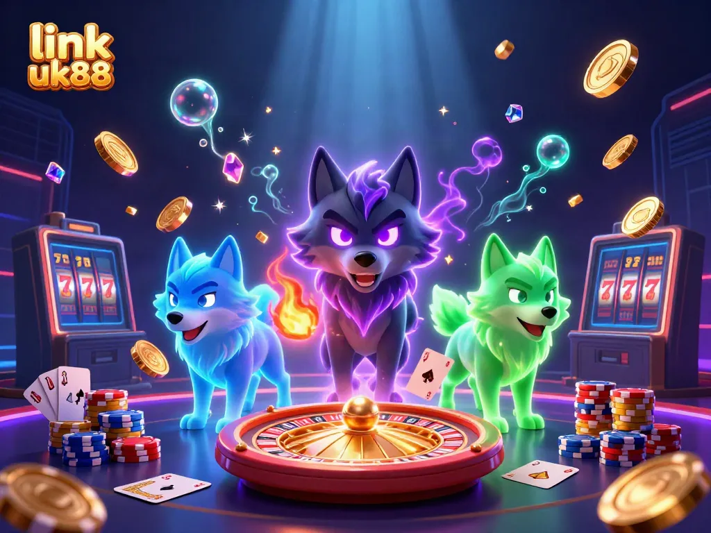 Engage with link uk88 at this dazzling 3D casino scene filled with gold coins and vibrant games.