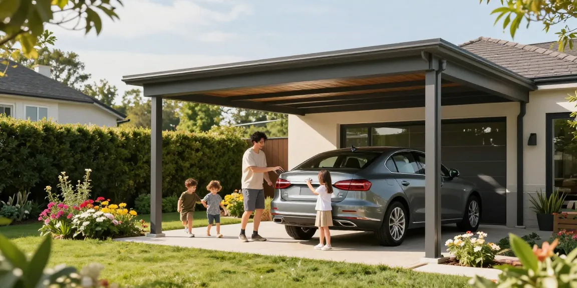 Moderner Carport in einem schönen Garten, das Auto wird sicher untergebracht.